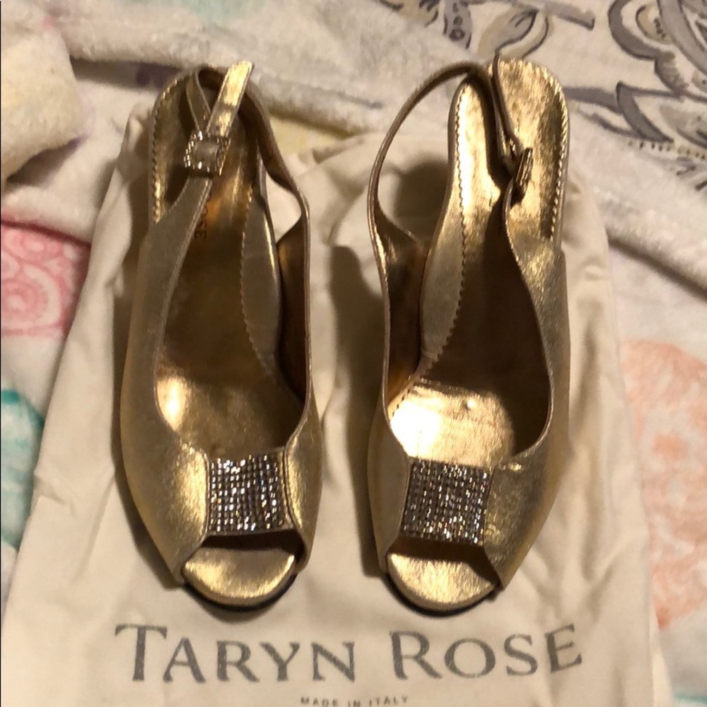 Size 36 Taryn Rose Dia-Dust Suede Gold heels